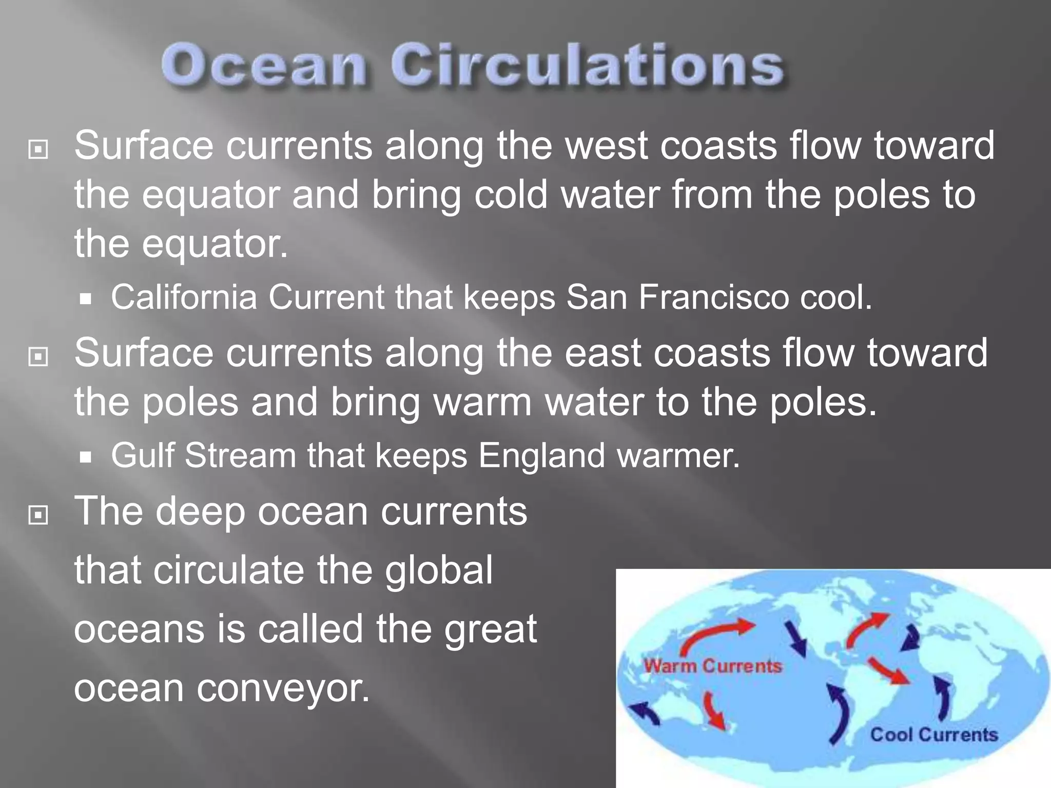    Surface currents along the west coasts flow toward
    the equator and bring cold water from the poles to
    the equator.
       California Current that keeps San Francisco cool.
   Surface currents along the east coasts flow toward
    the poles and bring warm water to the poles.
       Gulf Stream that keeps England warmer.
   The deep ocean currents
    that circulate the global
    oceans is called the great
    ocean conveyor.
 