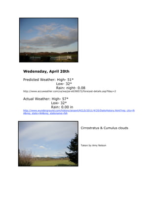 Wedensday, April 20th

Predicted Weather: High- 51*
                  Low- 32*
                  Rain: night- 0.08
http://www.accuweather.com/us/wa/pe-ell/98572/forecast-details.asp?fday=2


Actual Weather: High- 57*
               Low- 32*
               Rain: 0.00 in
http://www.wunderground.com/history/airport/KCLS/2011/4/20/DailyHistory.html?req_city=N
A&req_state=NA&req_statename=NA




                                             Cirrostratus & Cumulus clouds




                                             Taken by Amy Nelson
 