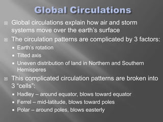    Global circulations explain how air and storm
    systems move over the earth’s surface
   The circulation patterns are complicated by 3 factors:
       Earth’s rotation
       Tilted axis
       Uneven distribution of land in Northern and Southern
        Hemisperes
   This complicated circulation patterns are broken into
    3 “cells”:
       Hadley – around equator, blows toward equator
       Ferrel – mid-latitude, blows toward poles
       Polar – around poles, blows easterly
 