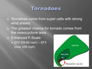    Tornadoes come from super cells with strong
    wind sheers.
   The greatest chance for tornado comes from
    the mesocyclone area.
   Enhanced F-Scale:
       EF0 (65-85 mph) – EF5
        (over 200 mph)
 