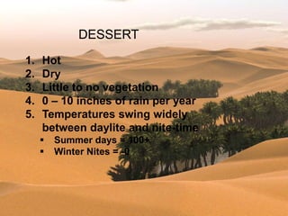 1. Hot
2. Dry
3. Little to no vegetation
4. 0 – 10 inches of rain per year
5. Temperatures swing widely
between daylite and nite-time
Summer days = 100+
Winter Nites = -0
DESSERT