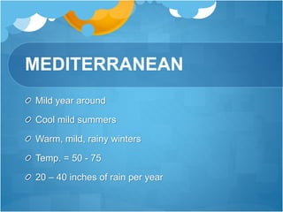MEDITERRANEAN
Mild year around
Cool mild summers
Warm, mild, rainy winters
Temp. = 50 - 75
20 – 40 inches of rain per year
