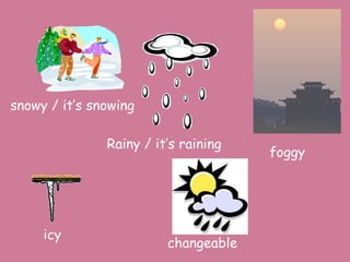 snowy / it’s snowing

               Rainy / it’s raining
                                      foggy




     icy
                         changeable
 