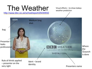 The Weatherhttp://www.bbc.co.uk/schoolreport/25430932
Visual effects – to show todays
weather prediction
Ident – brand
identity
Presenters name
Where
the
research
is done
bug
Presenter –
looks
professional
Rule of thirds applied
– presenter on the
very right
Medium long
shot
 