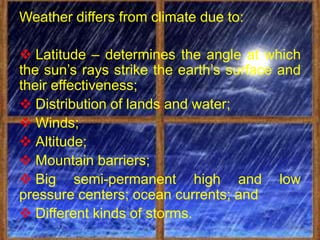 Weather differs from climate due to:

 Latitude – determines the angle at which
the sun’s rays strike the earth’s surface and
their effectiveness;
 Distribution of lands and water;
 Winds;
 Altitude;
 Mountain barriers;
 Big semi-permanent high and low
pressure centers; ocean currents; and
 Different kinds of storms.
 