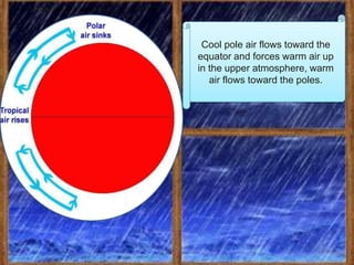 Cool pole air flows toward the
equator and forces warm air up
in the upper atmosphere, warm
   air flows toward the poles.
 