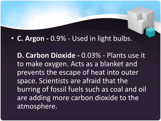 • C. Argon - 0.9% - Used in light bulbs.
D. Carbon Dioxide - 0.03% - Plants use it
to make oxygen. Acts as a blanket and
prevents the escape of heat into outer
space. Scientists are afraid that the
burring of fossil fuels such as coal and oil
are adding more carbon dioxide to the
atmosphere.

 