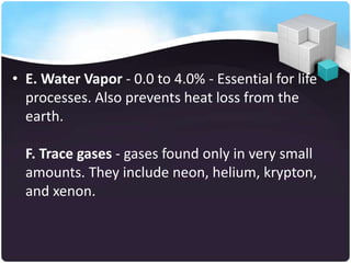 • E. Water Vapor - 0.0 to 4.0% - Essential for life
processes. Also prevents heat loss from the
earth.
F. Trace gases - gases found only in very small
amounts. They include neon, helium, krypton,
and xenon.

 