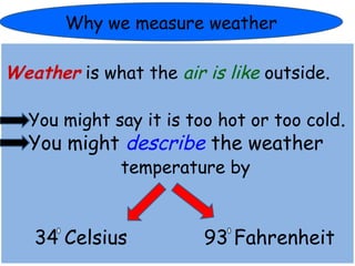Why we measure weather 
Weather is what the air is like outside. 
You might say it is too hot or too cold. 
You might describe the weather 
temperature by 
34 Celsius 93 Fahrenheit 
 
