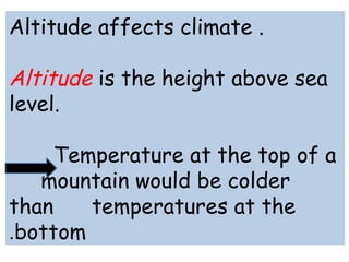 Altitude affects climate . 
Altitude is the height above sea 
level. 
Temperature at the top of a 
mountain would be colder 
than temperatures at the 
.bottom 
 