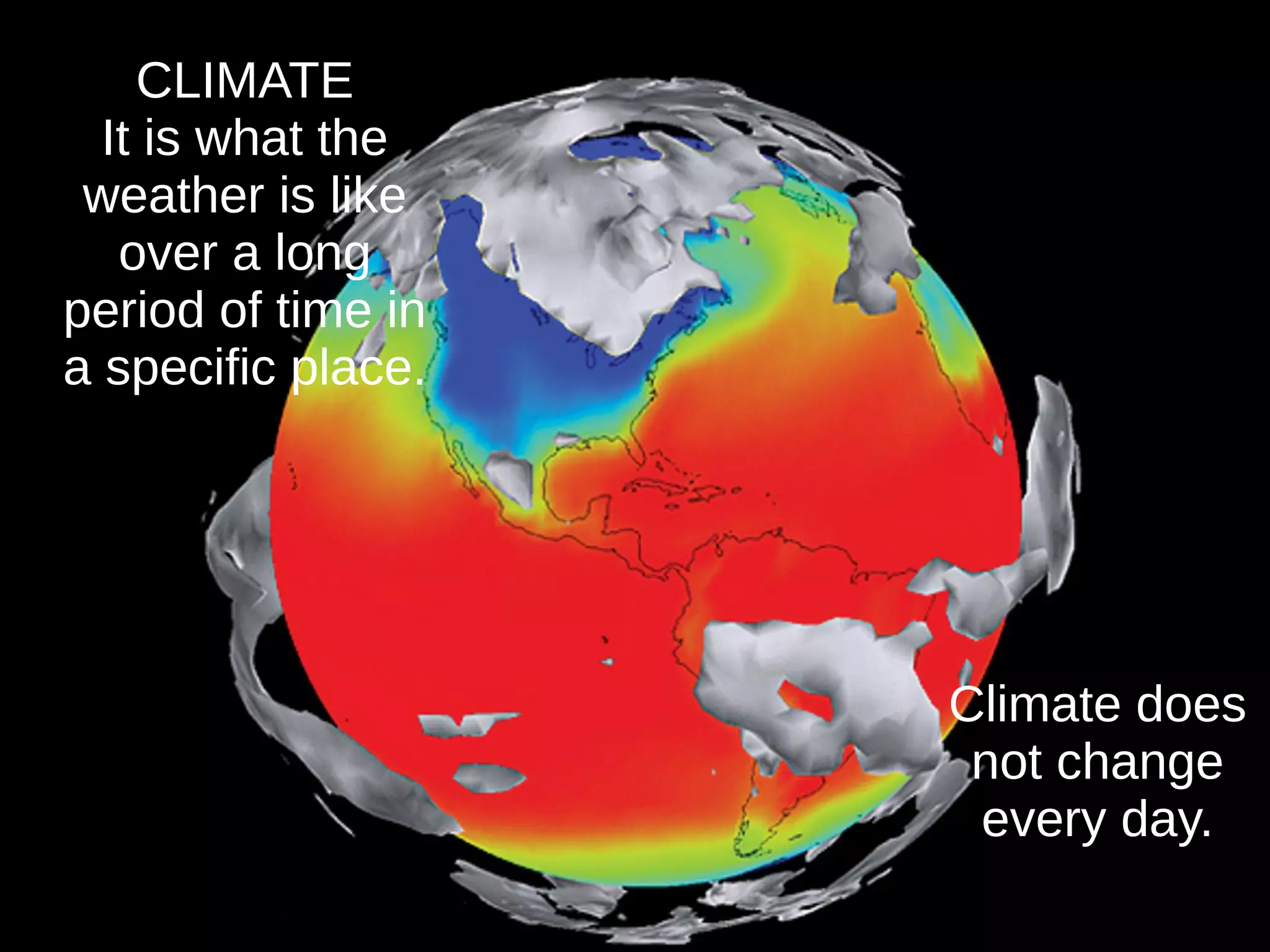 CLIMATE
It is what the
weather is like
over a long
period of time in
a specific place.
Climate does
not change
every day.
 