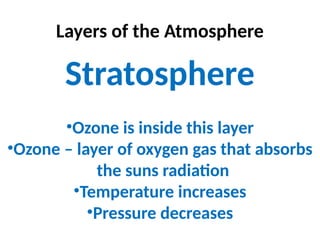 Layers of the Atmosphere
Stratosphere
•Ozone is inside this layer
•Ozone – layer of oxygen gas that absorbs
the suns radiation
•Temperature increases
•Pressure decreases
 