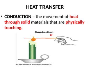 HEAT TRANSFER
• CONDUCTION – the movement of heat
through solid materials that are physically
touching.
 