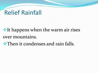 Relief Rainfall

It happens when the warm air rises
over mountains.
Then it condenses and rain falls.
 