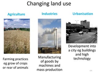Changing land use
125
Agriculture Industries Urbanisation
Farming practices
eg grow of crops
or rear of animals
Manufacturing
of goods by
machines and
mass production
Development into
a city eg buildings
and high
technology
 