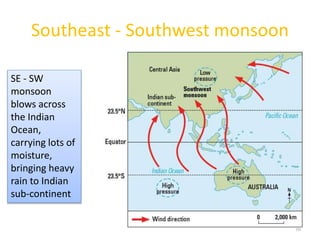 Southeast - Southwest monsoon
70
SE - SW
monsoon
blows across
the Indian
Ocean,
carrying lots of
moisture,
bringing heavy
rain to Indian
sub-continent
 