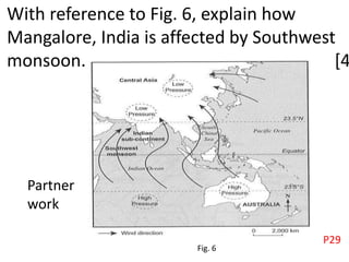 With reference to Fig. 6, explain how
Mangalore, India is affected by Southwest
monsoon. [4
Partner
work
P29
Fig. 6
 