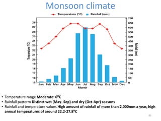 Monsoon climate
85
• Temperature range Moderate: 6⁰C
• Rainfall patterm Distinct wet (May- Sep) and dry (Oct-Apr) seasons
• Rainfall and temperature values High amount of rainfall of more than 2,000mm a year, high
annual temperatures of around 22.2-27.8⁰C
 