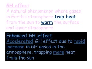 GH effect
A natural phenomenon where gases
in Earth’s atmosphere trap heat
from the sun to warm the surface
and lower atmosphere
Enhanced GH effect
Accelerated GH effect due to rapid
increase in GH gases in the
atmosphere, trapping more heat
from the sun
 
