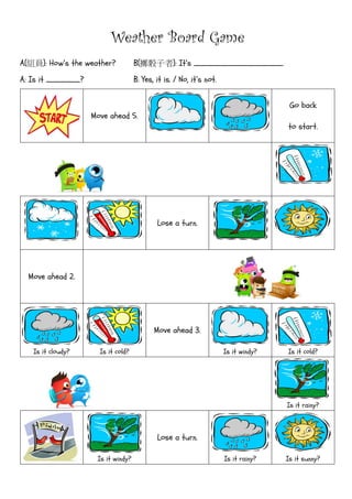 Weather Board Game
A(組員): How’s the weather? B(擲骰子者): It’s _____________.
A: Is it _____? B: Yes, it is. / No, it’s not.
Move ahead 5.
Go back
to start.
Lose a turn.
Move ahead 2.
Is it cloudy? Is it cold?
Move ahead 3.
Is it windy? Is it cold?
Is it rainy?
Is it windy?
Lose a turn.
Is it rainy? Is it sunny?
 