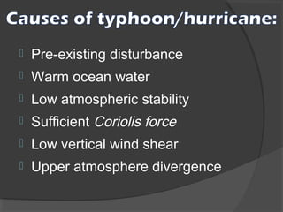 

Pre-existing disturbance



Warm ocean water



Low atmospheric stability



Sufficient Coriolis force



Low vertical wind shear



Upper atmosphere divergence

 
