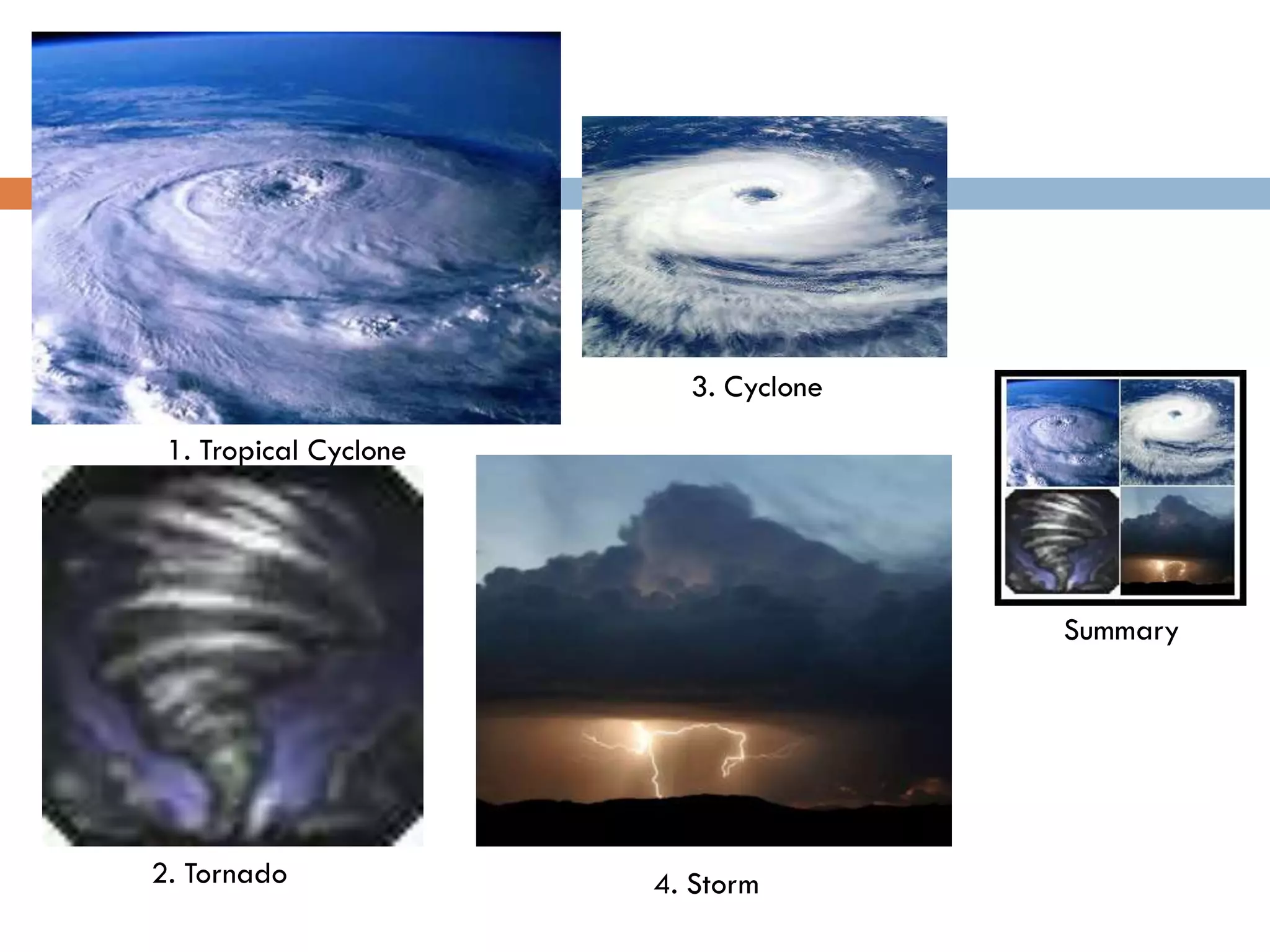 3. Cyclone

 1. Tropical Cyclone




                                      Summary




2. Tornado             4. Storm
 