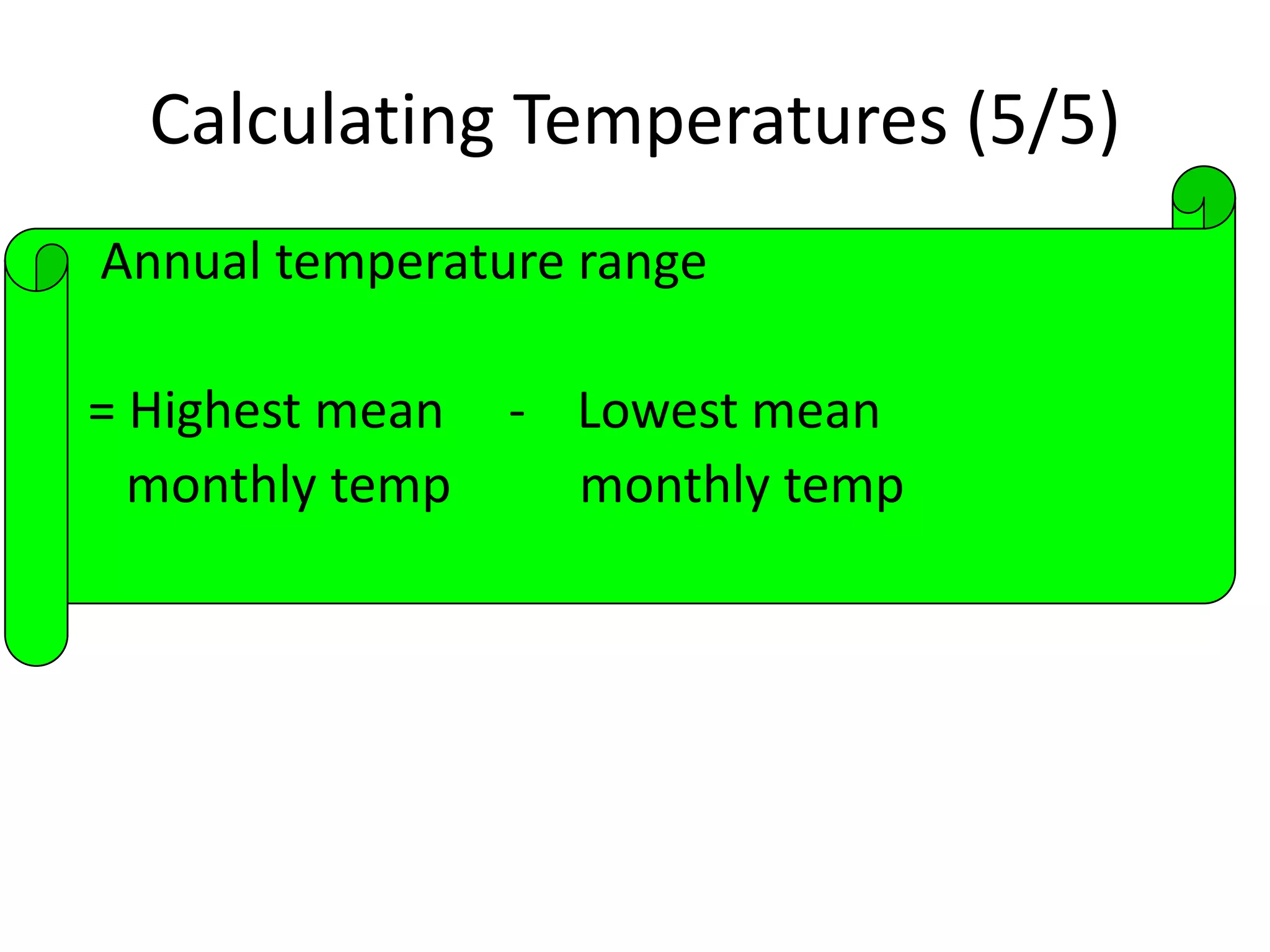 Calculating Temperatures (5/5)
Annual temperature range
= Highest mean - Lowest mean
monthly temp monthly temp
 