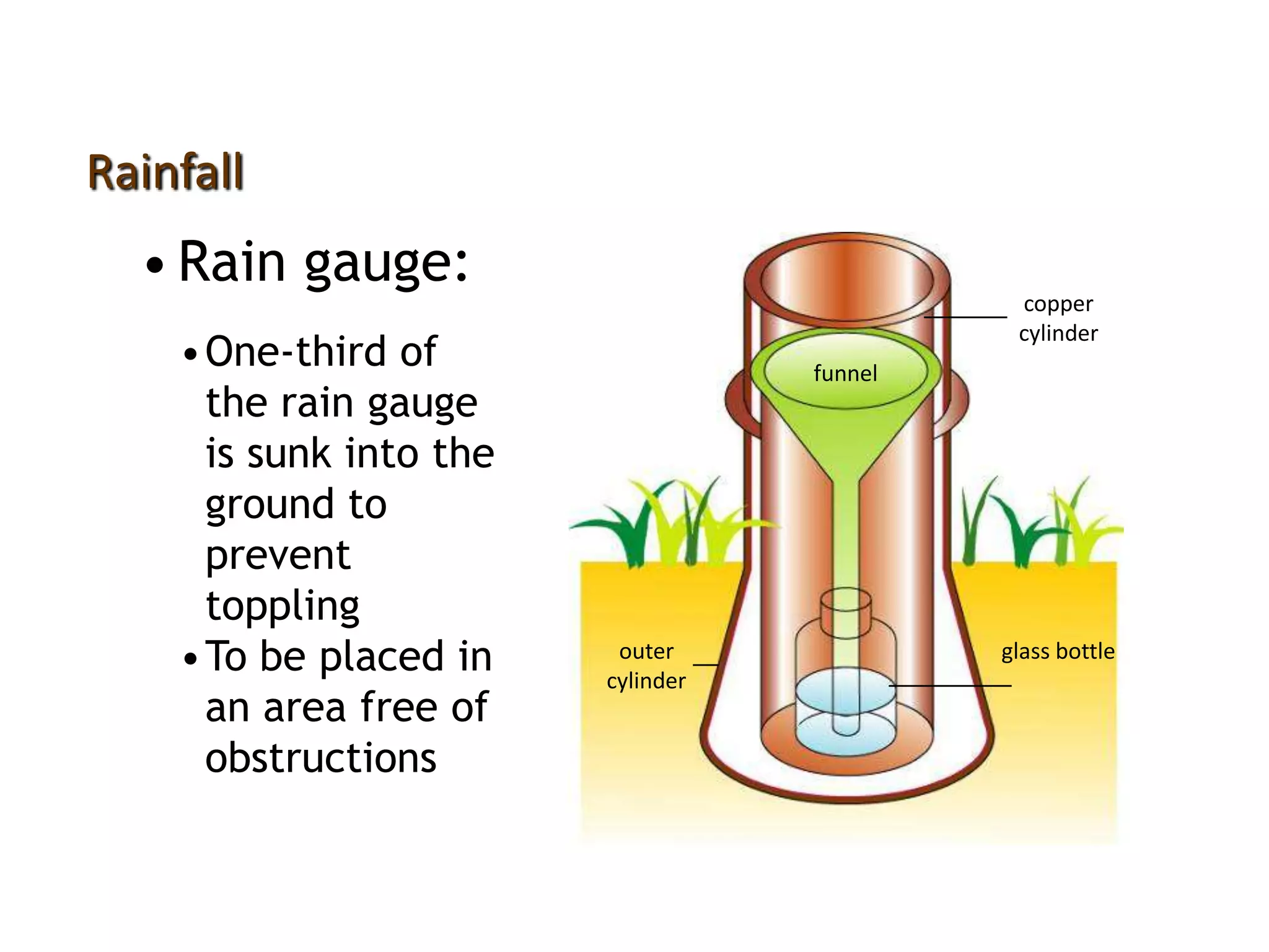 •One-third of
the rain gauge
is sunk into the
ground to
prevent
toppling
•To be placed in
an area free of
obstructions
•Rain gauge:
Rainfall
copper
cylinder
funnel
glass bottleouter
cylinder
 