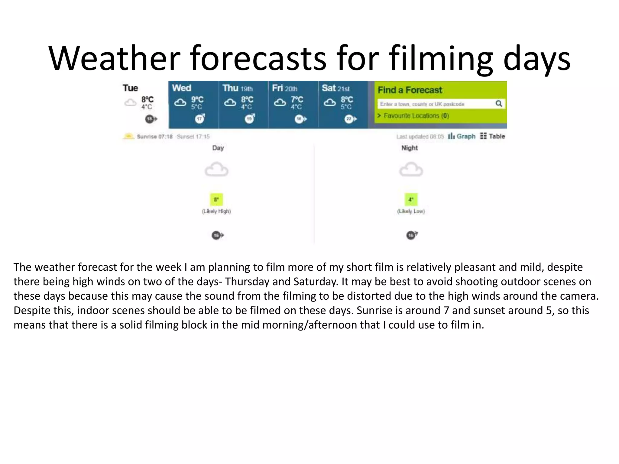 Weather forecasts for filming days
The weather forecast for the week I am planning to film more of my short film is relatively pleasant and mild, despite
there being high winds on two of the days- Thursday and Saturday. It may be best to avoid shooting outdoor scenes on
these days because this may cause the sound from the filming to be distorted due to the high winds around the camera.
Despite this, indoor scenes should be able to be filmed on these days. Sunrise is around 7 and sunset around 5, so this
means that there is a solid filming block in the mid morning/afternoon that I could use to film in.