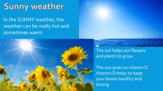 In the SUNNY weather, the
weather can be really hot and
sometimes warm
The sun helps our flowers
and plants to grow.
The sun gives us vitamin D.
Vitamin D helps to keep
your bones healthy and
strong.
 
