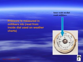 Grunt Productions 2009
Pressure is measured in
millibars mb (read from
inside dial used on weather
charts)
Inner scale on dial
reads millibars
 