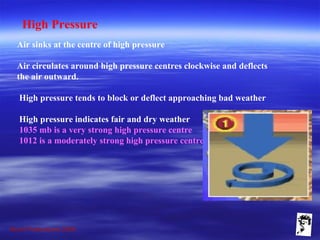 Grunt Productions 2009
High Pressure
Air sinks at the centre of high pressure
Air circulates around high pressure centres clockwise and deflects
the air outward.
High pressure tends to block or deflect approaching bad weather
High pressure indicates fair and dry weather
1035 mb is a very strong high pressure centre
1012 is a moderately strong high pressure centre
 