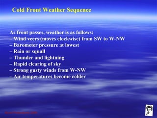 Grunt Productions 2009
Cold Front Weather Sequence
As front passes, weather is as follows:
– Wind veers (moves clockwise) from SW to W-NW
– Barometer pressure at lowest
– Rain or squall
– Thunder and lightning
– Rapid clearing of sky
– Strong gusty winds from W-NW
– Air temperatures become colder
 