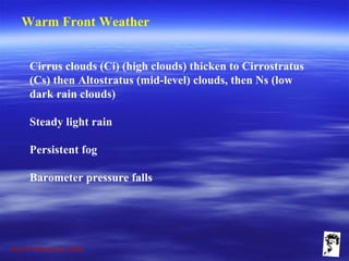Grunt Productions 2009
Warm Front Weather
Cirrus clouds (Ci) (high clouds) thicken to Cirrostratus
(Cs) then Altostratus (mid-level) clouds, then Ns (low
dark rain clouds)
Steady light rain
Persistent fog
Barometer pressure falls
 