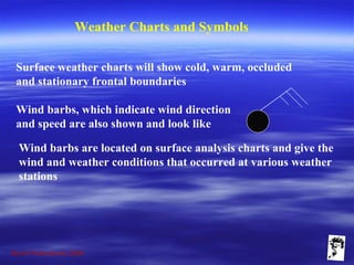 Grunt Productions 2009
Weather Charts and Symbols
Surface weather charts will show cold, warm, occluded
and stationary frontal boundaries
Wind barbs, which indicate wind direction
and speed are also shown and look like
Wind barbs are located on surface analysis charts and give the
wind and weather conditions that occurred at various weather
stations
 