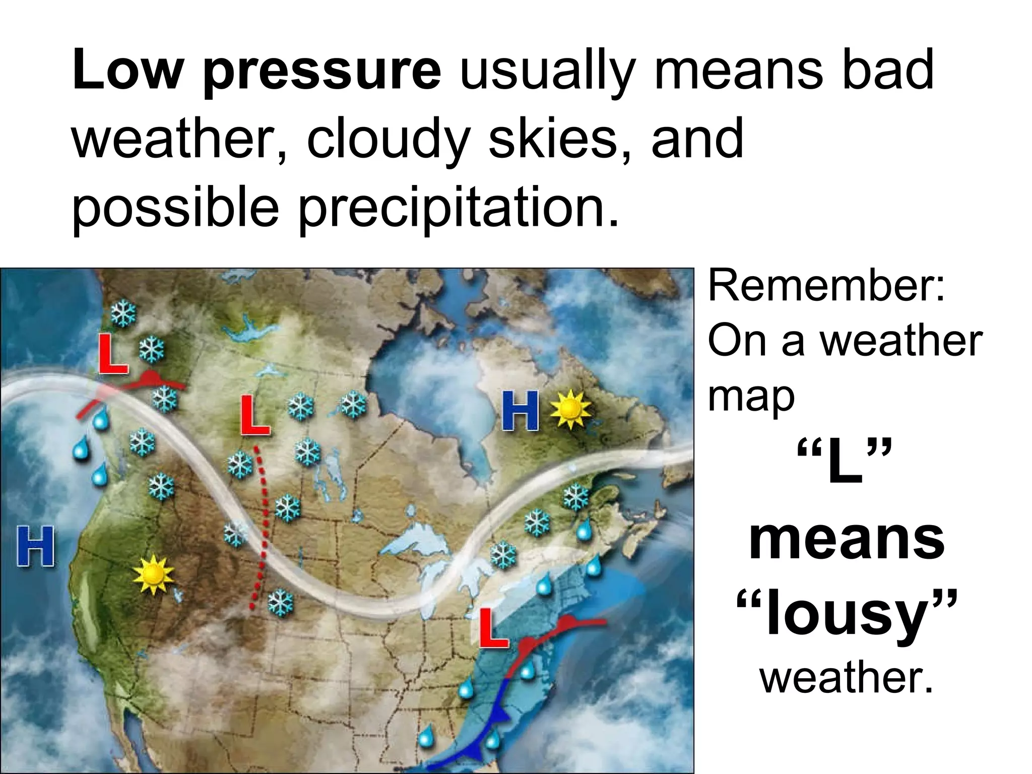 Low pressure  usually means bad weather, cloudy skies, and possible precipitation. Remember:  On a weather map “ L”  means “lousy”  weather. 