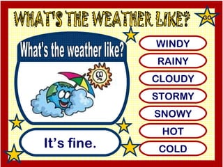 It’s fine. WINDY RAINY CLOUDY STORMY SNOWY HOT COLD What's the weather like? GO 
