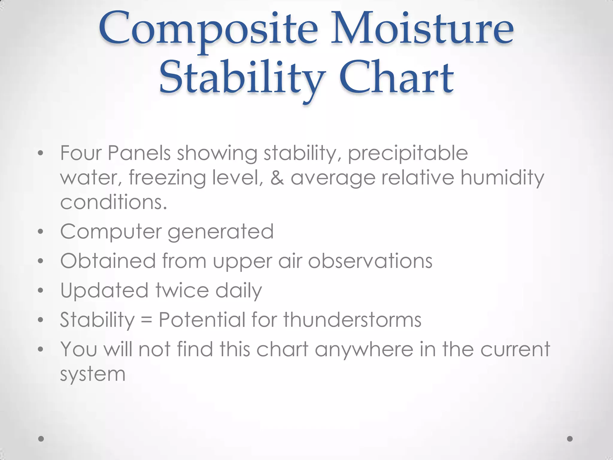 Composite Moisture
        Stability Chart
• Four Panels showing stability, precipitable
  water, freezing level, & average relative humidity
  conditions.
• Computer generated
• Obtained from upper air observations
• Updated twice daily
• Stability = Potential for thunderstorms
• You will not find this chart anywhere in the current
  system
 