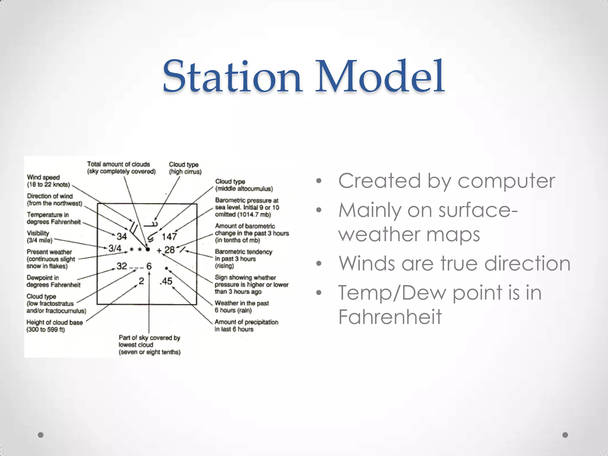 Station Model

       • Created by computer
       • Mainly on surface-
         weather maps
       • Winds are true direction
       • Temp/Dew point is in
         Fahrenheit
 