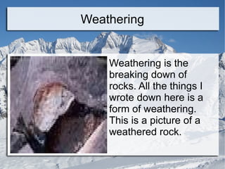 Weathering Weathering is the breaking down of rocks. All the things I wrote down here is a form of weathering. This is a picture of a weathered rock. 