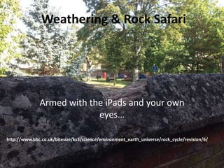 Weathering & Rock Safari 
Armed with the iPads and your own 
eyes… 
http://www.bbc.co.uk/bitesize/ks3/science/environment_earth_universe/rock_cycle/revision/6/ 
 
