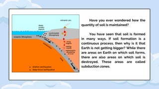 Have you ever wondered how the
quantity of soil is maintained?
You have seen that soil is formed
in many ways. If soil formation is a
continuous process, then why is it that
Earth is not getting bigger? While there
are areas on Earth on which soil forms,
there are also areas on which soil is
destroyed. These areas are called
subduction zones.
 