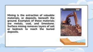 Mining is the extraction of valuable
materials, or deposits, beneath the
ground. Examples of these materials
are metals, coal, and limestone.
Surface mining removes layers of soil
or bedrock to reach the buried
deposits.
 