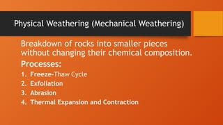 Physical Weathering (Mechanical Weathering)
Breakdown of rocks into smaller pieces
without changing their chemical composition.
Processes:
1. Freeze-Thaw Cycle
2. Exfoliation
3. Abrasion
4. Thermal Expansion and Contraction
 