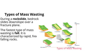 During a rockslide, bedrock
slides downslope over a
fracture plane.
The fastest type of mass
wasting is fall. It is
characterized by rapid, free-
falling rocks.
Types of Mass Wasting
Types of Mass Wasting
 