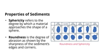 • Sphericity refers to the
degree by which a material
approaches the shape of a
sphere.
• Roundness is the degree of
abrasion as shown by the
sharpness of the sediment’s
edges and corners.
Properties of Sediments
Roundness and Sphericity
 