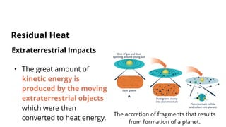 Extraterrestrial Impacts
• The great amount of
kinetic energy is
produced by the moving
extraterrestrial objects
which were then
converted to heat energy.
Residual Heat
The accretion of fragments that results
from formation of a planet.
 