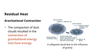 Gravitational Contraction
• The compaction of dust
clouds resulted in the
conversion of
gravitational energy
into heat energy.
Residual Heat
A collapsed cloud due to the influence
of gravity
 