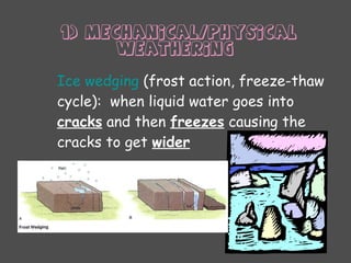 Ice wedging (frost action, freeze-thaw
cycle): when liquid water goes into
cracks and then freezes causing the
cracks to get wider
1) Mechanical/physical
weathering
 