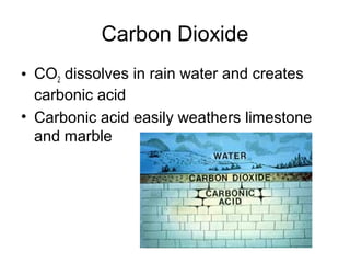 Carbon Dioxide 
• CO2 dissolves in rain water and creates 
carbonic acid 
• Carbonic acid easily weathers limestone 
and marble 
 